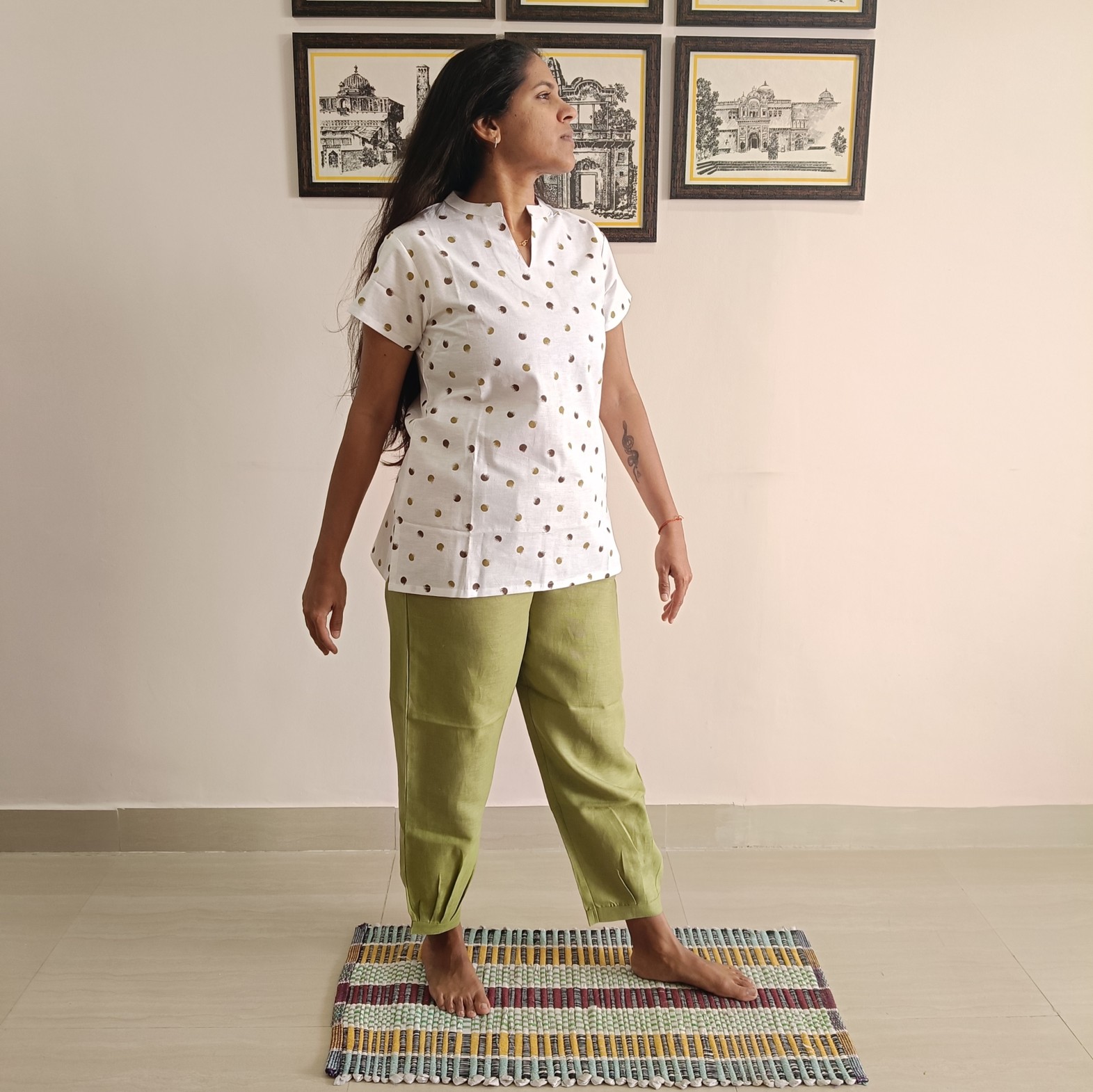 Polka dots short Kurta with green bottoms